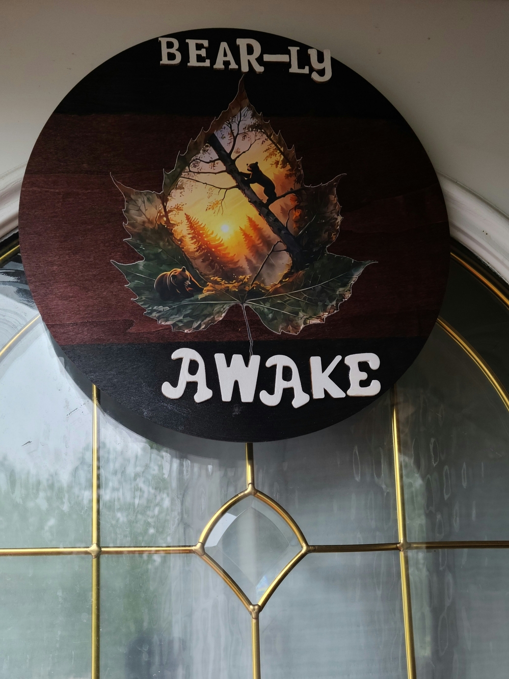 AWAKE Round Woodland Wall Sign by BEAR-LY - Brown, Black, Green, Orange